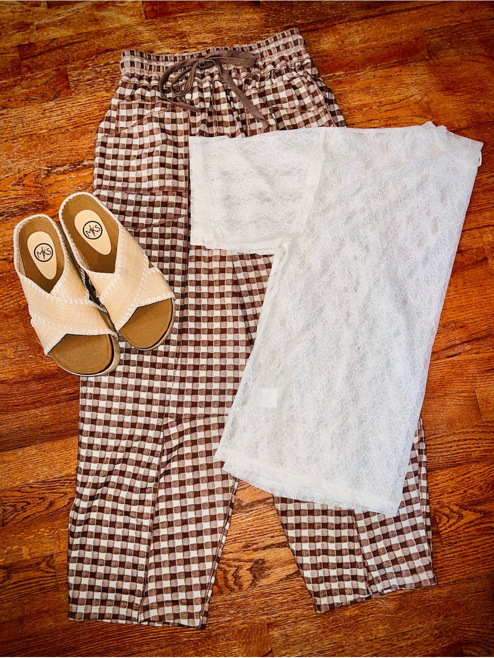 Anniewear Gingham checkered Drawstring brushed knit barrel Pants - Brown/cream - Picture 4 of 5